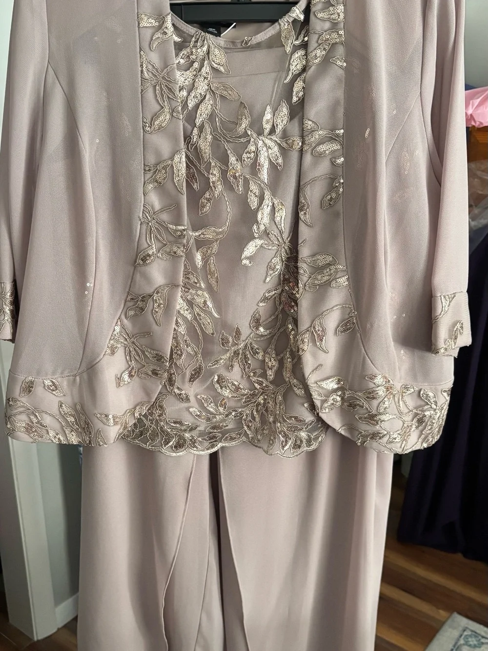 Embellished Taupe Women's Pantsuit with Metallic Leaf Detail